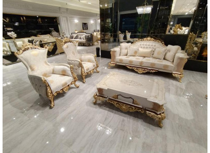 Bankstel 311 + Salontafel Hout Woonkamer Luxe Bank Chesterfield Stof Nieuw
